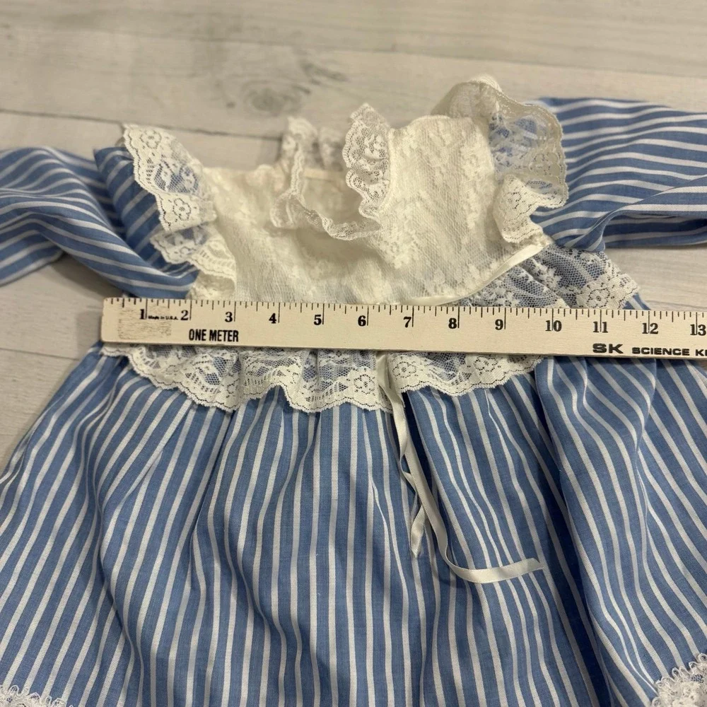 Vintage hugs & kisses baby girl blue white stripes lace dress 24 months